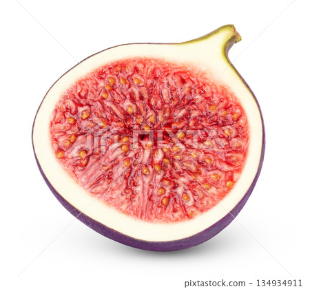 One slice of ripe purple fig fruit isolated. 134934911