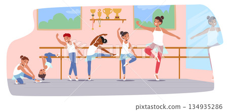 Talented children learning technique at ballet lessons and dance class cartoon vector illustration Talented children learning technique at ballet lessons and dance class cartoon vector illustration 134935286