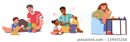 Happy parents and preschool kids playing together enjoying educational entertainment with fun Happy parents and preschool kids playing together enjoying educational entertainment with fun 134935288