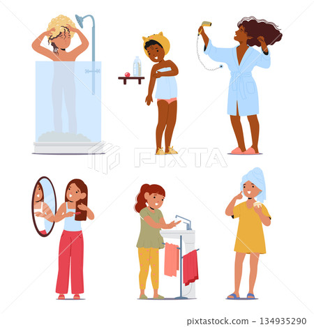 Little pretty children cartoon girls characters daily hygiene routine essential self-care procedure 134935290