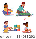 Happy little children cartoon characters playing with educational toys and music instruments set 134935292
