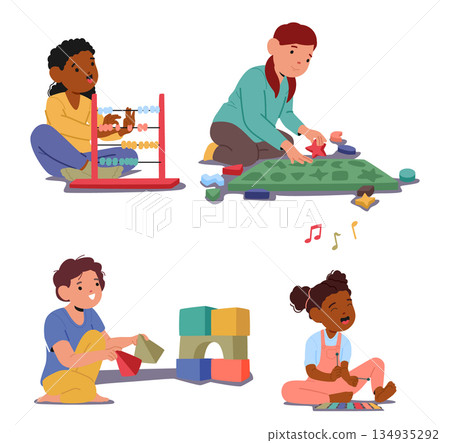 Happy little children cartoon characters playing with educational toys and music instruments set Happy little children cartoon characters playing with educational toys and music instruments set 134935292