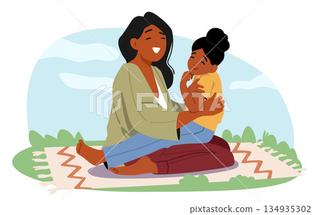 Happy mother and daughter hugging and smiling while resting in park natural setting outdoors scene Happy mother and daughter hugging and smiling while resting in park natural setting outdoors scene 134935302