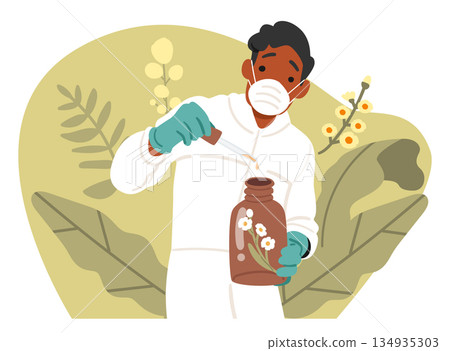 Man scientist adding essential oils to bottle with natural liquid homeopathic supplements scene Man scientist adding essential oils to bottle with natural liquid homeopathic supplements scene 134935303