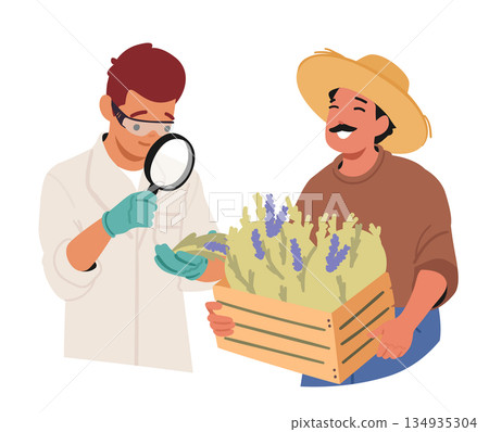 Young man doctor using loupe to check quality of natural herbs grown on farm cartoon scene Young man doctor using loupe to check quality of natural herbs grown on farm cartoon scene 134935304