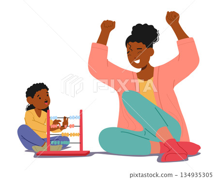 Happy mother rejoicing at her adorable daughter toddler kid success in mastering mental arithmetic Happy mother rejoicing at her adorable daughter toddler kid success in mastering mental arithmetic 134935305