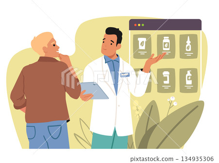 Pharmacist offering homeopathic supplements and organic remedies for healthcare cartoon scene Pharmacist offering homeopathic supplements and organic remedies for healthcare cartoon scene 134935306