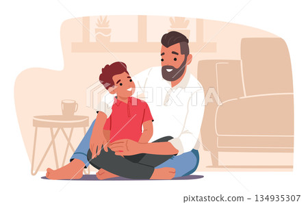 Tender joyful moment between dad and his pre-adolescent son cartoon scene showing strong family ties Tender joyful moment between dad and his pre-adolescent son cartoon scene showing strong family ties 134935307