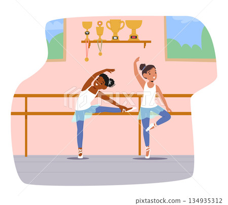 Professional ballet training for young girls in structured dance school environment cartoon scene Professional ballet training for young girls in structured dance school environment cartoon scene 134935312