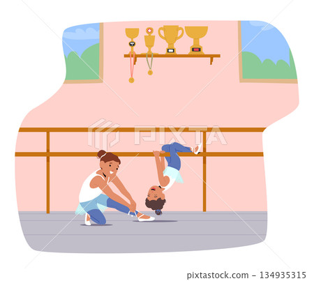 Cute older and younger sisters training together in ballet school professional environment scene Cute older and younger sisters training together in ballet school professional environment scene 134935315