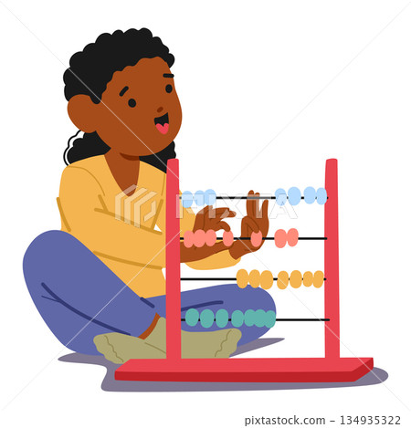 Little preschool girl beginning her journey to learn mental arithmetic using classic wooden abacus Little preschool girl beginning her journey to learn mental arithmetic using classic wooden abacus 134935322