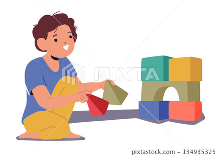 Preschool boy cartoon character engaged in constructive play with building blocks isolated on white 134935325