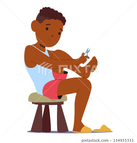 Little boy child cartoon character cutting nails on toes with scissors while sitting on chair Little boy child cartoon character cutting nails on toes with scissors while sitting on chair 134935331