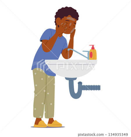 Little boy child cartoon character applying soapy gel to wash face during daily hygiene routine Little boy child cartoon character applying soapy gel to wash face during daily hygiene routine 134935349