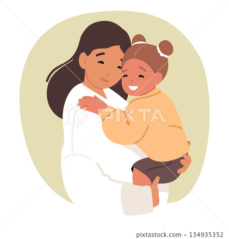 Cartoon portrait of young mother holding her loving toddler daughter in hands in love hugs Cartoon portrait of young mother holding her loving toddler daughter in hands in love hugs 134935352
