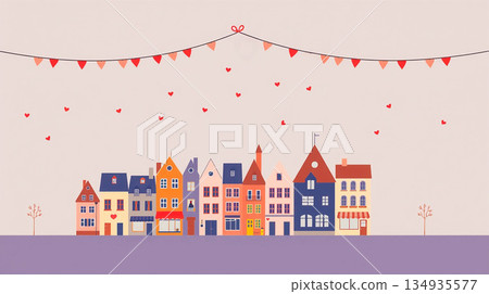 扁平化設計建築套裝，可愛的城鎮景觀情人節相框 134935577