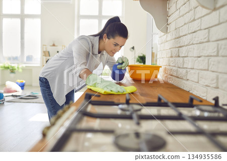 Smiling housewife spaying cleaning deterent on surface of kitchen counter and wiping it with soft cloth Smiling housewife spaying cleaning deterent on surface of kitchen counter and wiping it with soft cloth 134935586