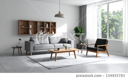 A gray sofa and wooden table in the living room create a calm, modern space. (AI-generated image) 134935783