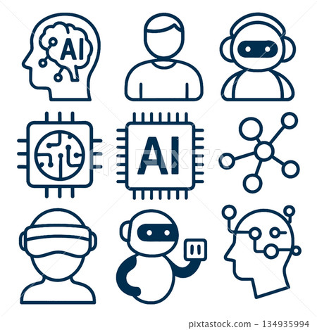Artificial intelligence icon set, including robot, chip, human head, network, and virtual reality 134935994