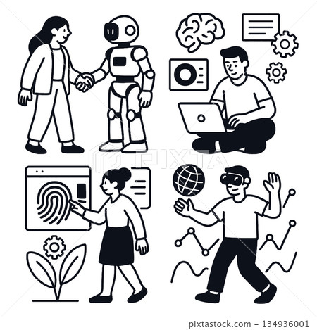 Human robot handshake, artificial intelligence, technology, innovation, teamwork, digital future Human robot handshake, artificial intelligence, technology, innovation, teamwork, digital future 134936001