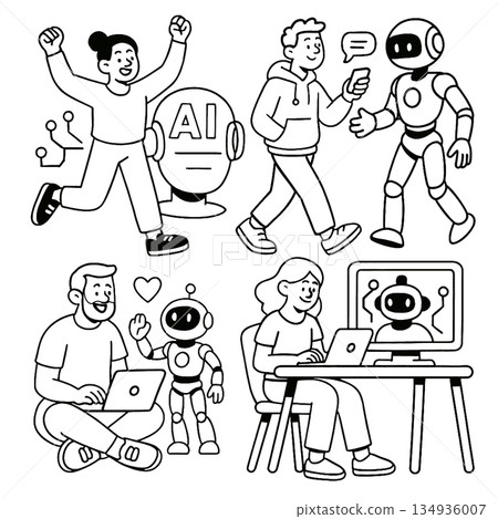 Happy woman, AI robot, man, and people interacting with artificial intelligence technology Happy woman, AI robot, man, and people interacting with artificial intelligence technology 134936007