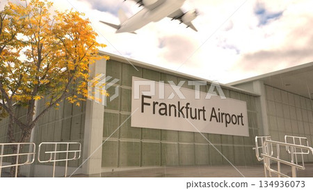 Frankfurt Airport sign on terminal building with autumn tree and airplane, Frankfurt, Germany 3D rendering 134936073