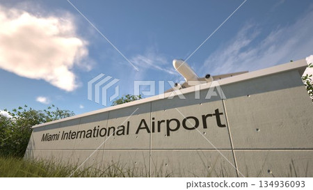 Departures at Miami International Airport with airplane leaving overhead, Miami, United States 3D rendering Departures at Miami International Airport with airplane leaving overhead, Miami, United States 3D rendering 134936093