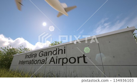 Airport departures scene at Indira Gandhi International Airport with airplane climbing above terminal, New Delhi, India 3D rendering Airport departures scene at Indira Gandhi International Airport with airplane climbing above terminal, New Delhi, India 3D rendering 134936103