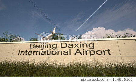 Arrivals at Beijing Daxing International Airport with airplane landing near terminal, Beijing, China 3D rendering Arrivals at Beijing Daxing International Airport with airplane landing near terminal, Beijing, China 3D rendering 134936105