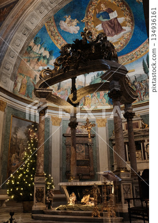 Basilica of the Holy Cross in Jerusalem Rome apse with mosaic baldachin and nativity scene Christmas decorations ornate Catholic church interior editorial use only. High quality photo Basilica of the Holy Cross in Jerusalem Rome apse with mosaic baldachin and nativity scene Christmas decorations ornate Catholic church interior editorial use only. High quality photo 134936161