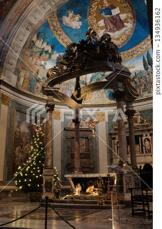 Basilica of the Holy Cross in Jerusalem Rome apse with mosaic baldachin and nativity scene Christmas decorations ornate Catholic church interior editorial use only. High quality photo Basilica of the Holy Cross in Jerusalem Rome apse with mosaic baldachin and nativity scene Christmas decorations ornate Catholic church interior editorial use only. High quality photo 134936162