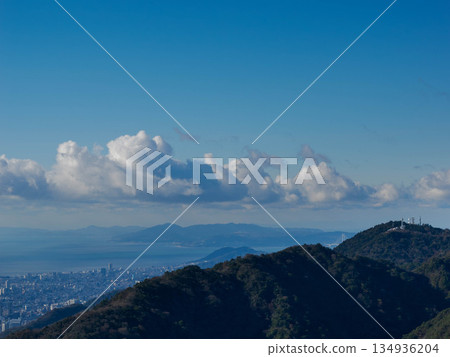 View of Kobe city and Awaji Island in the distance from the top of Mt. Rokko 134936204