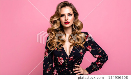 一位身穿碎花洋裝的美麗女子在影棚中拍攝,散發出優雅氣質。 一位身穿碎花洋裝的美麗女子在影棚中拍攝,散發出優雅氣質。 134936308