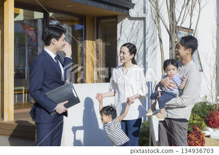 A salesman showing around a housing exhibition 134936703