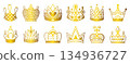 Gold crown icon vector set, shiny gradient golden elegant award signs. Monochrome royal authority cliparts, glossy luxury aristocracy pictograms 134936727