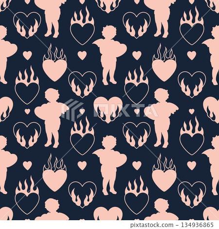 Dark romance and love rebel aesthetic seamless pattern. Pink tone silhouettes of heart thief cherubs and flaming hearts on a dark anti-Valentine background. Dark romance and love rebel aesthetic seamless pattern. Pink tone silhouettes of heart thief cherubs and flaming hearts on a dark anti-Valentine background. 134936865