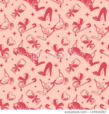 Pink and wine tone seamless background featuring romantic lingerie, high heels, hearts, and bows. A flirty feminine fashion aesthetic pattern for bold designs. Pink and wine tone seamless background featuring romantic lingerie, high heels, hearts, and bows. A flirty feminine fashion aesthetic pattern for bold designs. 134936867