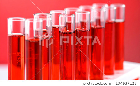 試管中閃閃發光的紅色液體和氣泡的玻璃模型 134937125