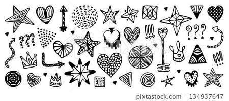 Popular abstract shapes, black line doodle hand drawn set. Outline trendy whimsical isolated signs. Hearts, circles, stars, crown, arrows, etc. Monochrome linear vector geometric cliparts 134937647