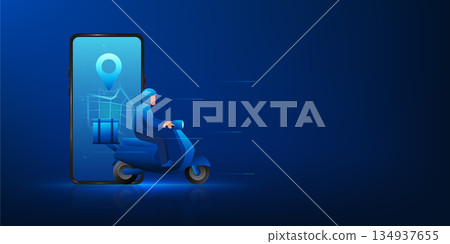 Delivery Technology Concept, Online Shopping via Smartphone with GPS Map, Motorcycle Courier Delivering Packages, Mobile App Logistics, Fast Delivery Service, E-commerce and Smart Transportation 134937655