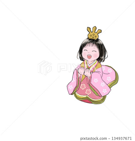 在女兒節這天，一個女孩興高采烈地裝扮成雛人偶。 134937671