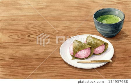 Series: Realistic watercolor-style sakura mochi and matcha Japanese sweets set 134937688