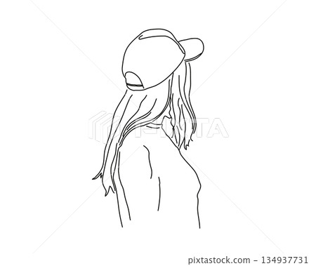 Line drawing of a woman wearing a cap 134937731
