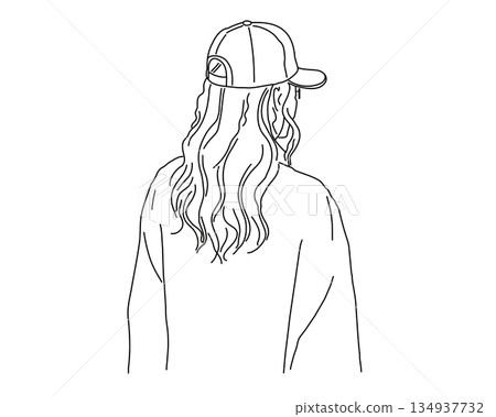 Line drawing of a woman wearing a cap 134937732
