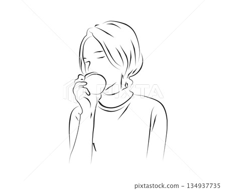 Ink-style line drawing of a woman sipping coffee with her eyes closed 134937735