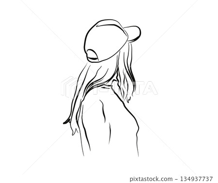 Ink-style line drawing of a woman wearing a cap Ink-style line drawing of a woman wearing a cap 134937737
