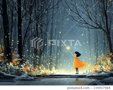 一個女孩在奇幻森林中伴著光芒起舞 134937984
