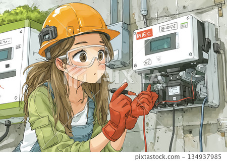 圖解：一名女技師正在檢查和維護電動車的高壓電池。 134937985