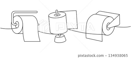 Toilet papers with metal holder one line continuous drawing. Toilet papers, napkins, wipes and other hygiene products. Vector illustration Toilet papers with metal holder one line continuous drawing. Toilet papers, napkins, wipes and other hygiene products. Vector illustration 134938065