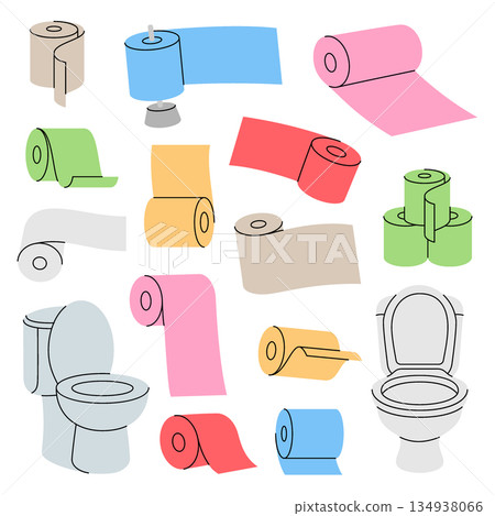 Vector set of colorful toilet paper rolls and toilet bowls on white background. Bathroom icon collection Vector set of colorful toilet paper rolls and toilet bowls on white background. Bathroom icon collection 134938066